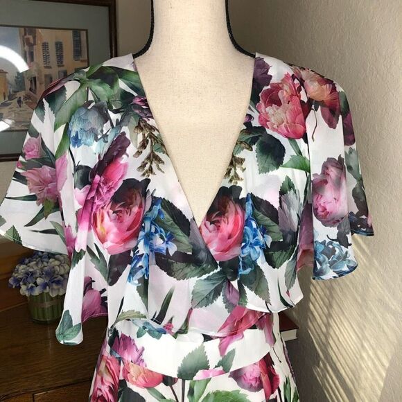 Maggy London Romantic White Floral Flutter Sleeve High Low Midi Dress Size 6 - Picture 5 of 12
